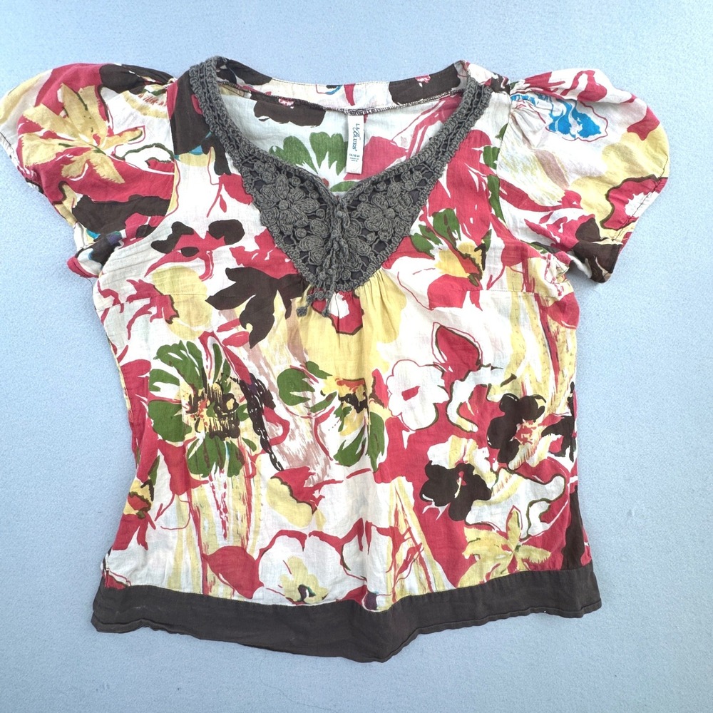 LA Blues Floral Crochet V-Neck Top Womens 14/16W Multicolor Cotton Boho Blouse